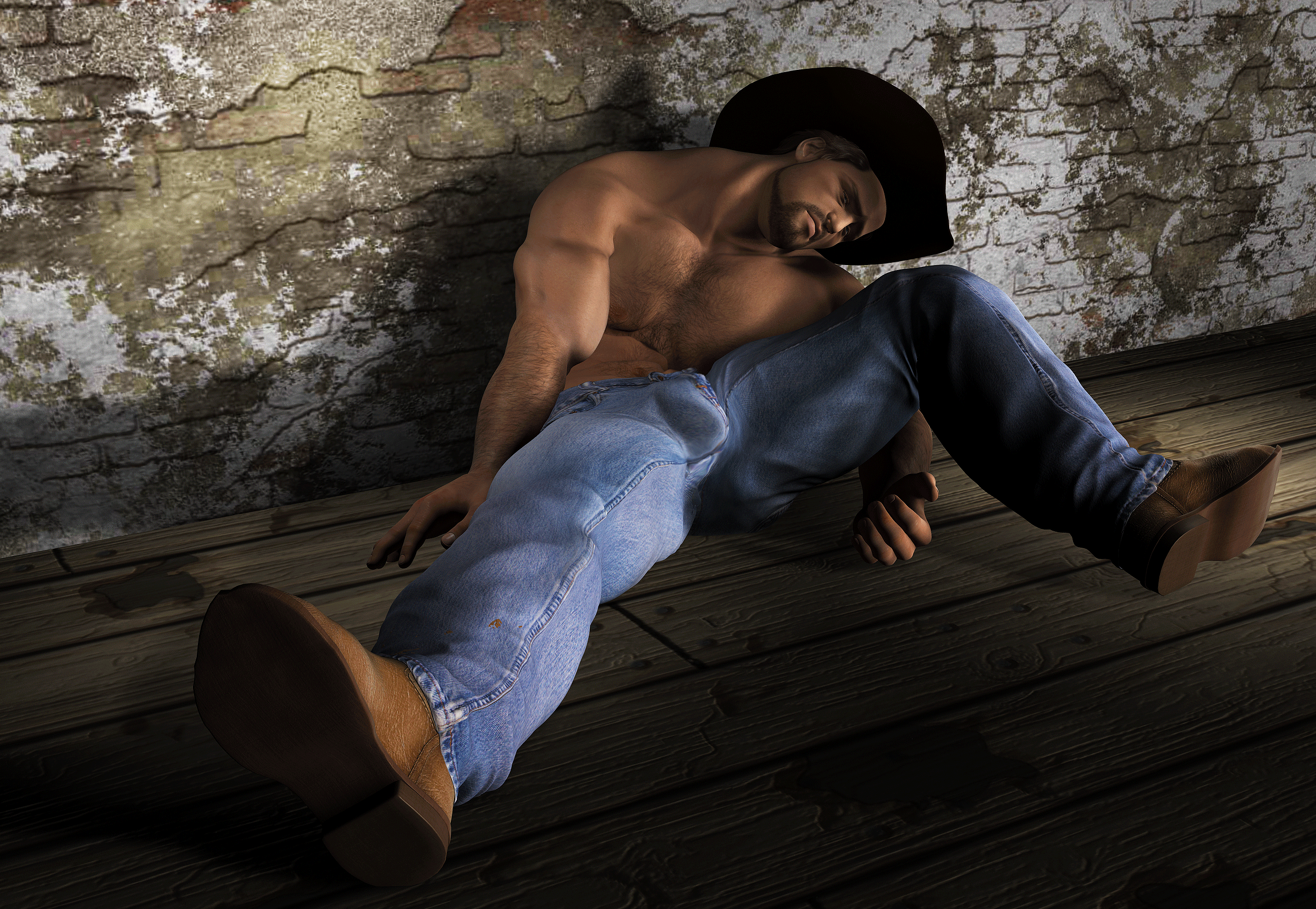 hot cowboy dead against a wall